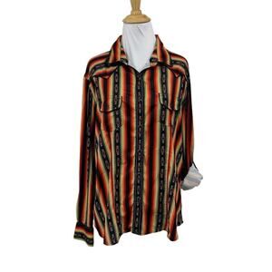 Panhandle Shirt Women L Large Multi Stripe Floral Back Pearl Snap Tab Sleeve Top